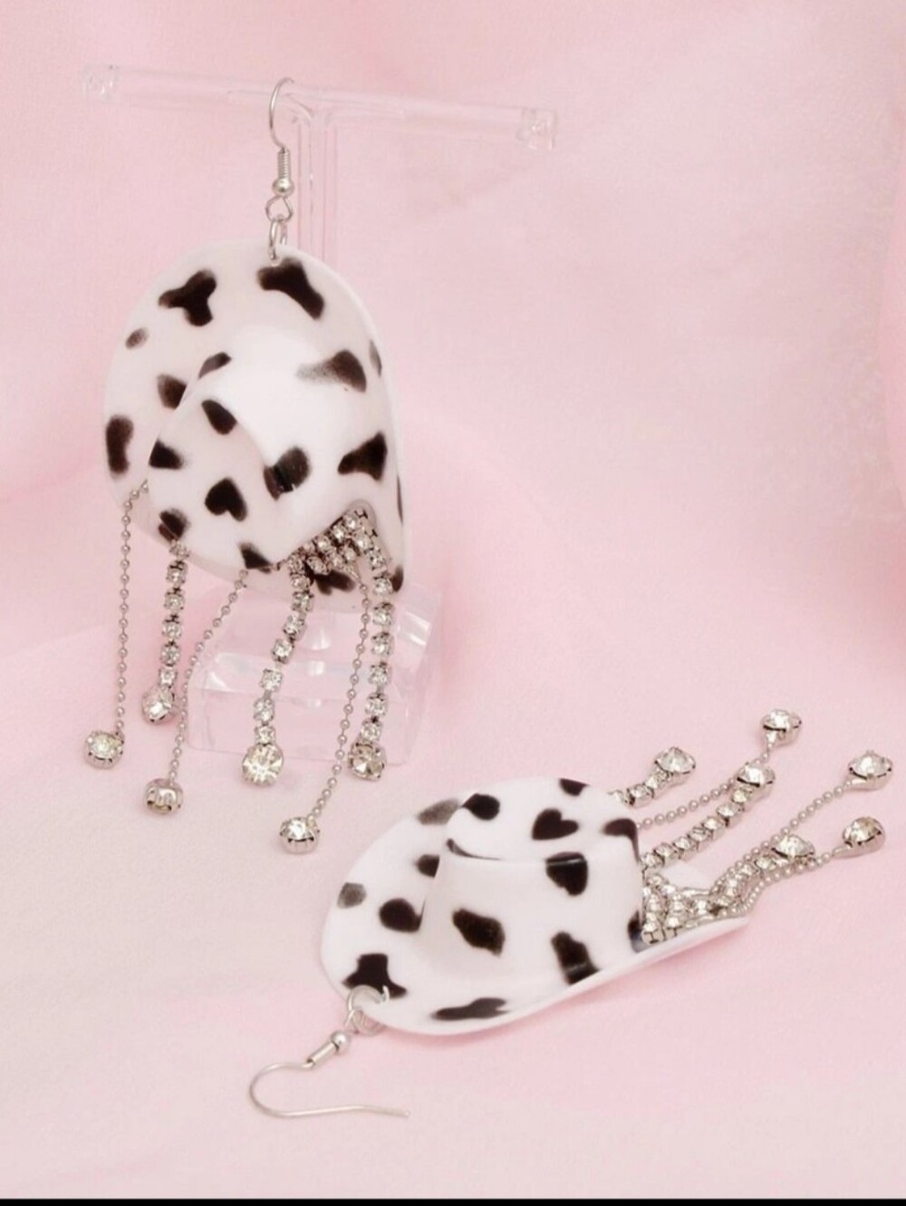 Hand Crafted Bold Black & White Western Hat Drop Earrings with Rhinestone Fringe - Picture 8 of 8